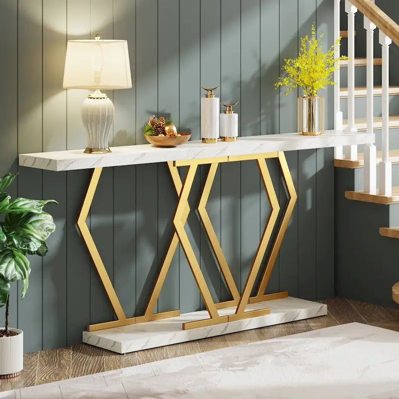 Console extra-longue de 180 cm, plateau en faux marbre, base et cadre dorés, pour salon, entrée, couloir