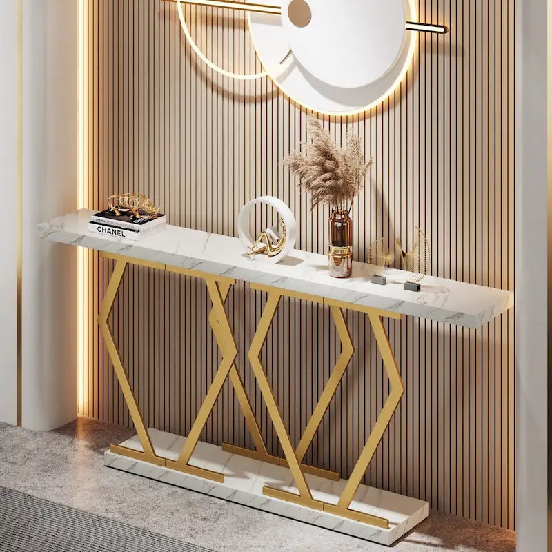 Console extra-longue de 180 cm, plateau en faux marbre, base et cadre dorés, pour salon, entrée, couloir