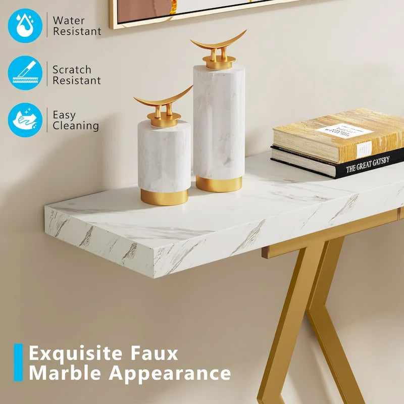 Console extra-longue de 180 cm, plateau en faux marbre, base et cadre dorés, pour salon, entrée, couloir