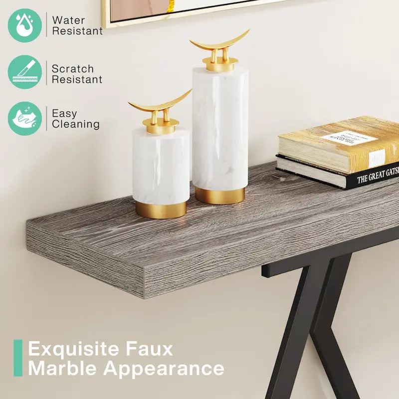 Console extra-longue de 180 cm, plateau en faux marbre, base et cadre dorés, pour salon, entrée, couloir