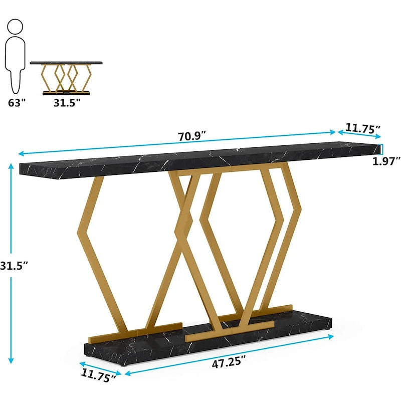 Console extra-longue de 180 cm, plateau en faux marbre, base et cadre dorés, pour salon, entrée, couloir