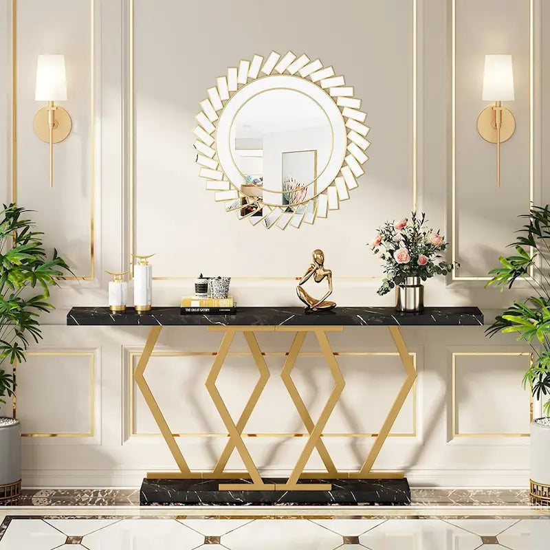 Console extra-longue de 180 cm, plateau en faux marbre, base et cadre dorés, pour salon, entrée, couloir