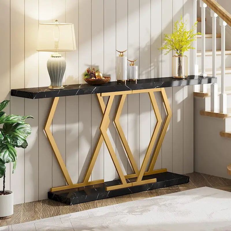 Console extra-longue de 180 cm, plateau en faux marbre, base et cadre dorés, pour salon, entrée, couloir