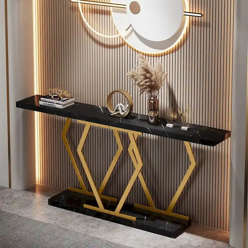 Console extra-longue de 180 cm, plateau en faux marbre, base et cadre dorés, pour salon, entrée, couloir