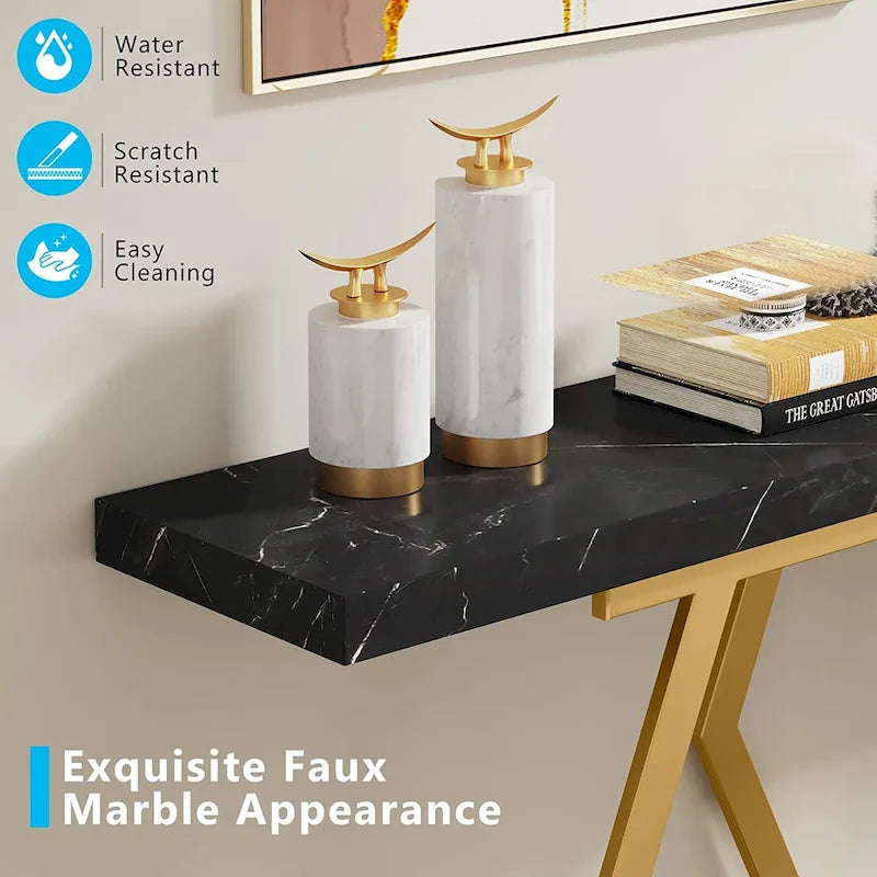 Console extra-longue de 180 cm, plateau en faux marbre, base et cadre dorés, pour salon, entrée, couloir