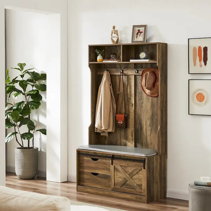 Meuble d'entrée avec porte-manteau, banc et tiroirs
