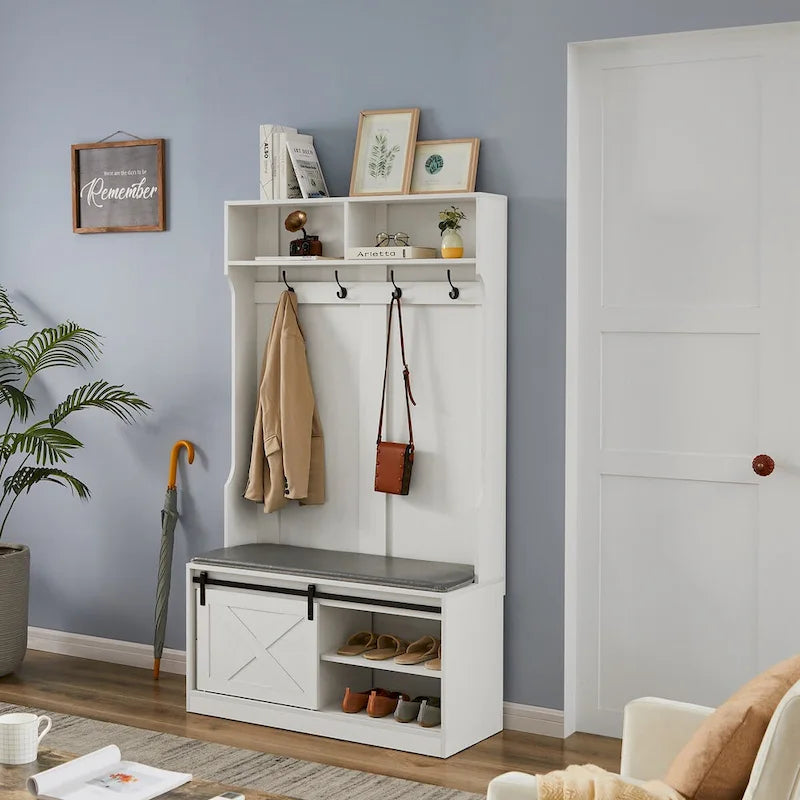 Meuble d'entrée avec porte-manteau, banc et tiroirs