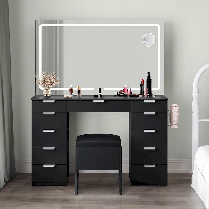 46 Coiffeuse avec prise intégrée avec miroir éclairé et support de sèche-cheveux - 55,8 H x 46 L x 11,7 P