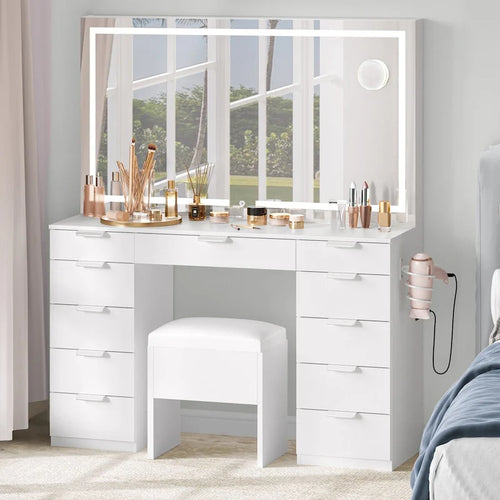 46 Coiffeuse avec prise intégrée avec miroir éclairé et support de sèche-cheveux - 55,8 H x 46 L x 11,7 P