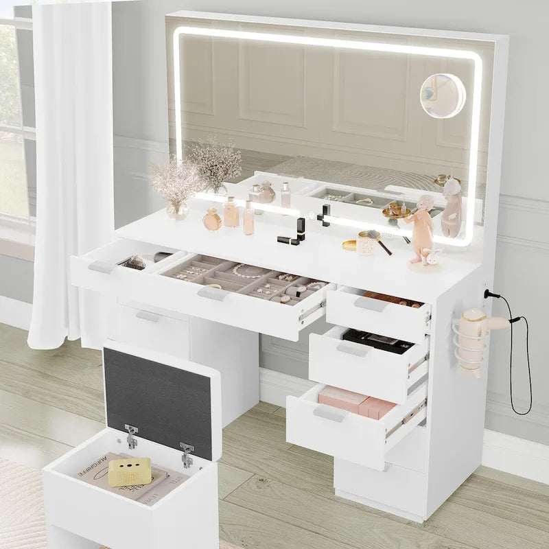 46 Coiffeuse avec prise intégrée avec miroir éclairé et support de sèche-cheveux - 55,8 H x 46 L x 11,7 P