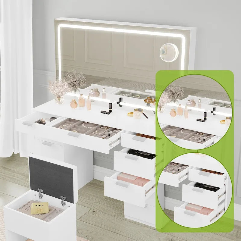 46 Coiffeuse avec prise intégrée avec miroir éclairé et support de sèche-cheveux - 55,8 H x 46 L x 11,7 P