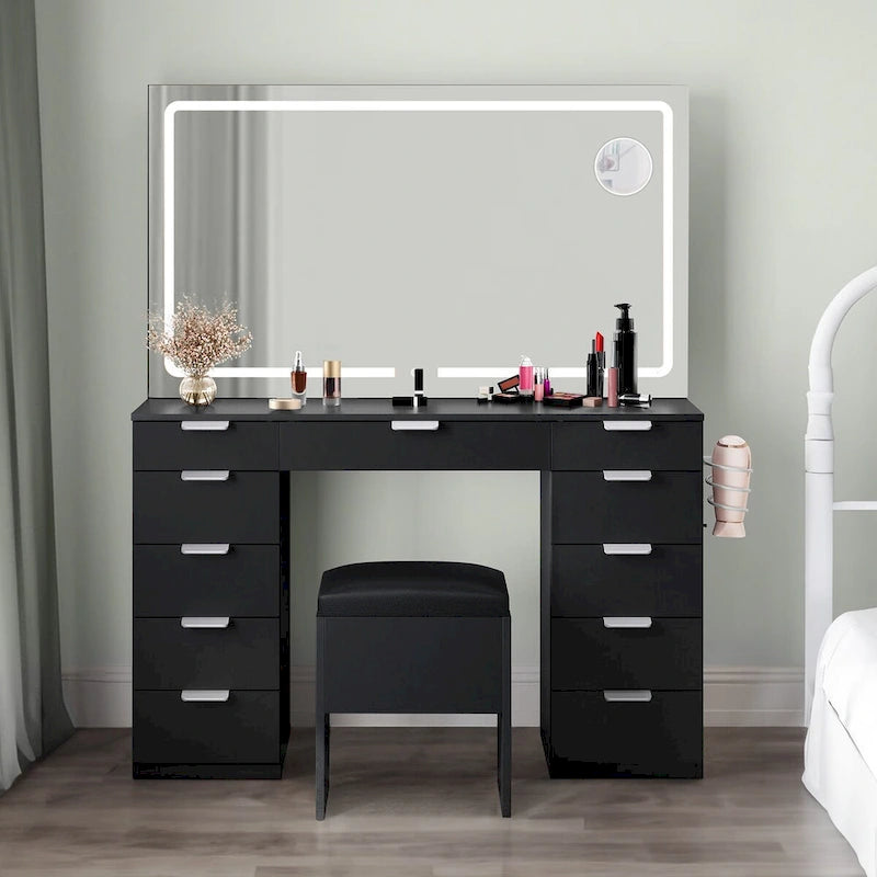 46 Coiffeuse avec prise intégrée avec miroir éclairé et support de sèche-cheveux - 55,8 H x 46 L x 11,7 P
