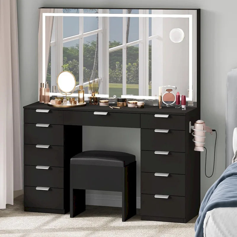 46 Coiffeuse avec prise intégrée avec miroir éclairé et support de sèche-cheveux - 55,8 H x 46 L x 11,7 P