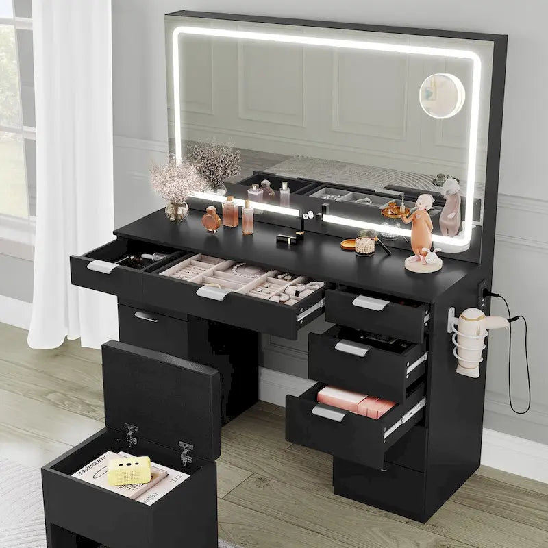 46 Coiffeuse avec prise intégrée avec miroir éclairé et support de sèche-cheveux - 55,8 H x 46 L x 11,7 P