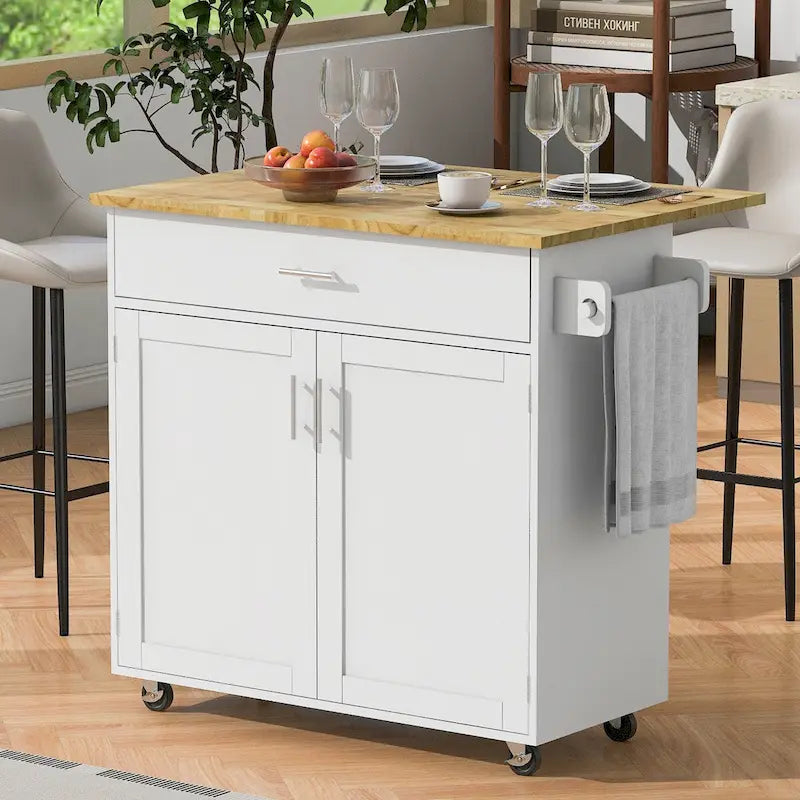 Un îlot de cuisine mobile avec rangements, étagères réglables, roulettes