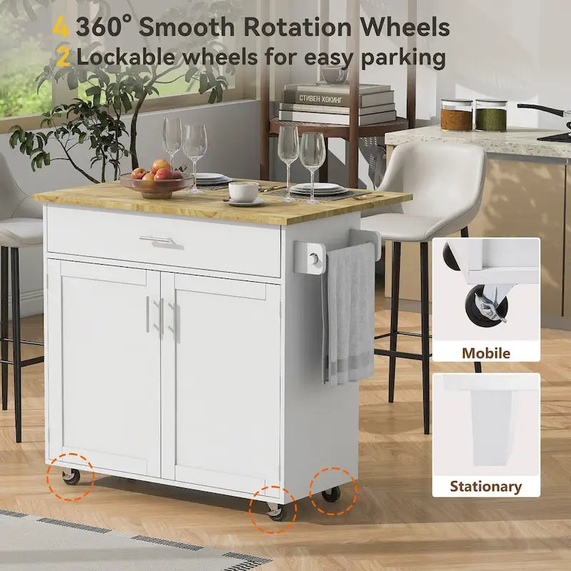 Un îlot de cuisine mobile avec rangements, étagères réglables, roulettes