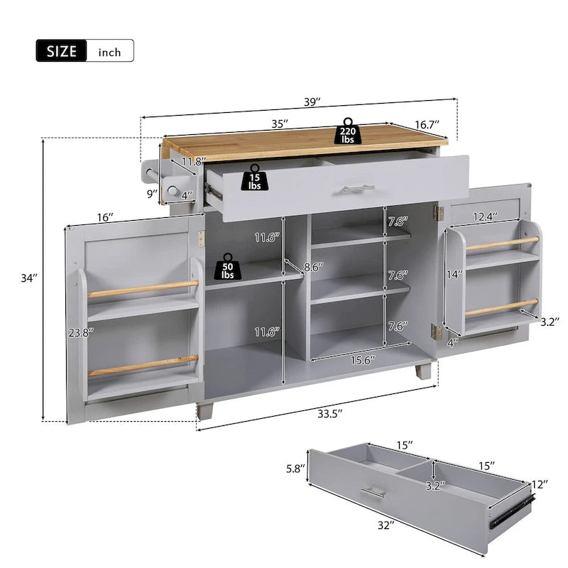 Un îlot de cuisine mobile avec rangements, étagères réglables, roulettes