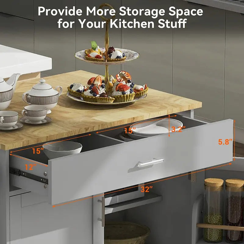 Un îlot de cuisine mobile avec rangements, étagères réglables, roulettes