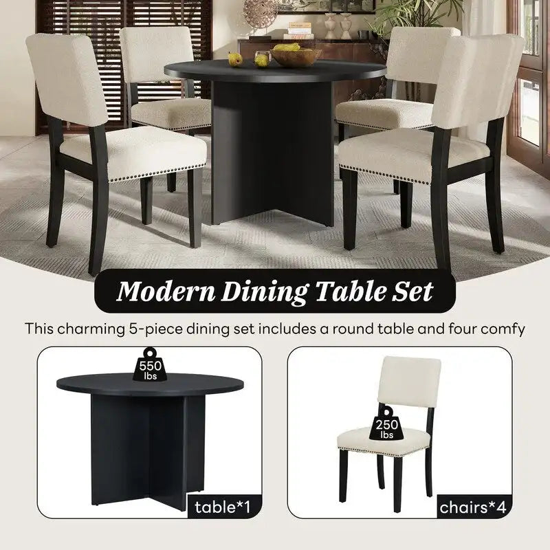 Table de salle à manger ronde avec pied central, table de cuisine avec 4 chaises de salle à manger rembourrées pour studio, appartement, petits espaces