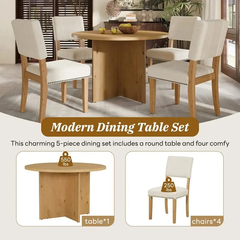 Table de salle à manger ronde avec pied central, table de cuisine avec 4 chaises de salle à manger rembourrées pour studio, appartement, petits espaces